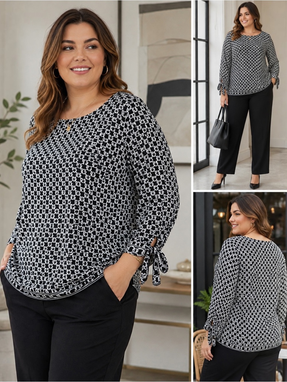 Max Studio Plus 1X Black White Chain Print Tie Sleeve Top Blouse 18W